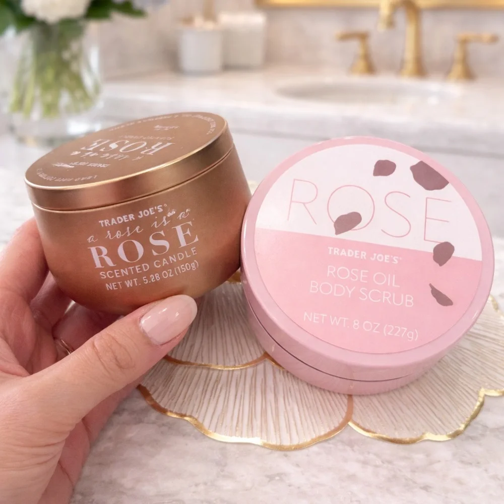 Trade Joes Rose Oil Body Scrub and Candle Set Pink LIMITED EDITION - Picture 5 of 6